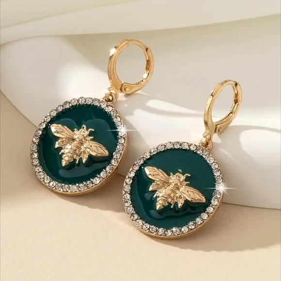 Green, Gold & Bling Bee Dangle Earrings - Picture 1 of 4